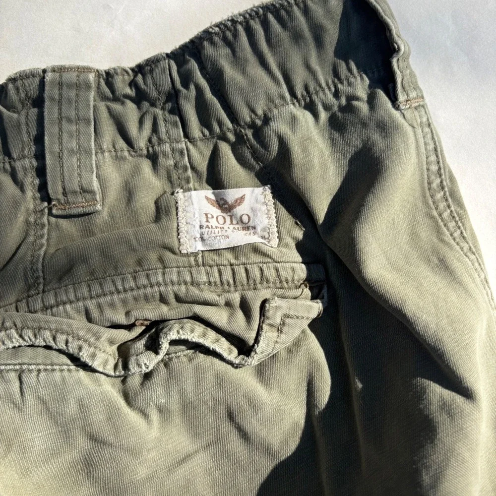Polo Ralph Lauren Mens 42 Cargo Shorts Olive Green Distressed Classic Fit Cotton